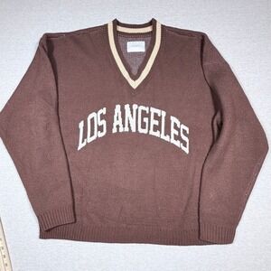 PacSun Los Angeles V-Neck Sweater Men XL Brown Collegiate Varsity Knit Pullover